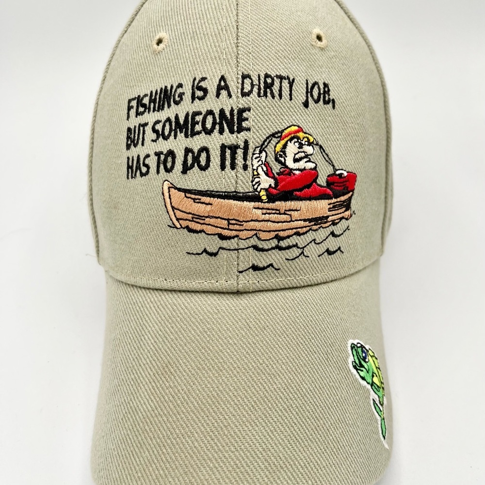 Santo Cap Tan Ball Cap "Fishing Is A Dirty Job, But Someone Has To Do It" EUC OS